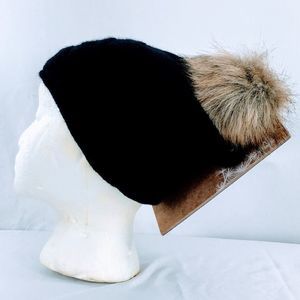 White Pine Womens Cashmere Pom Pom Hat Cable Knit Faux Fur Black Beanie